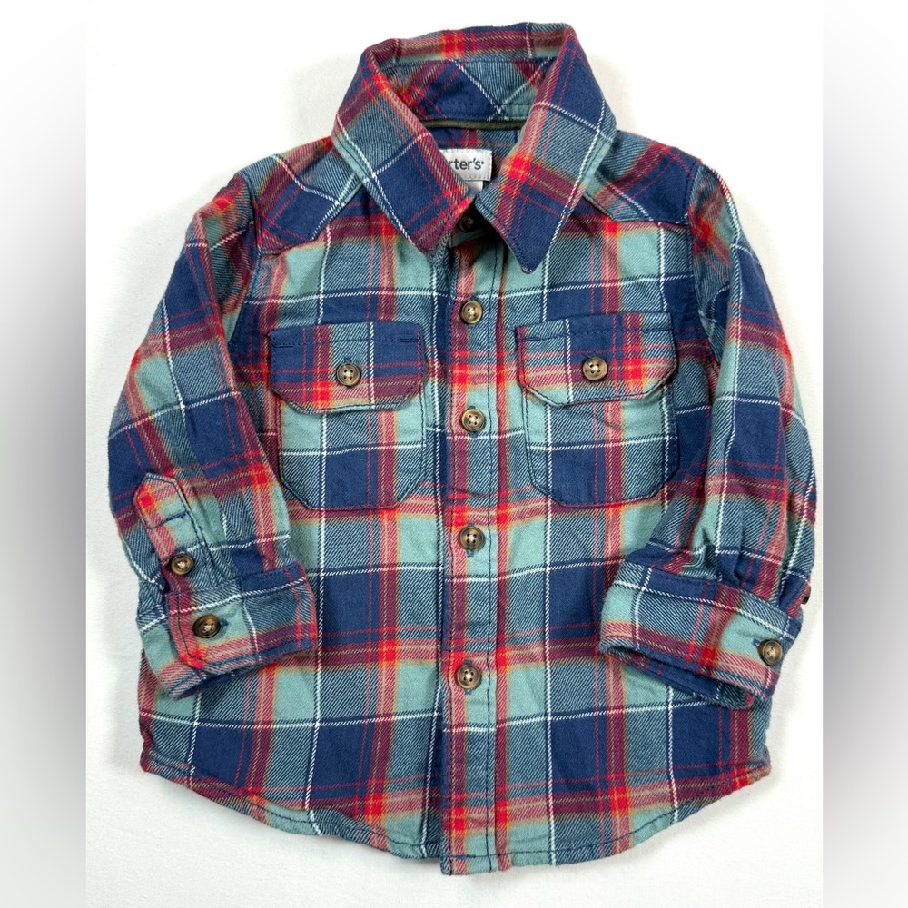 CARTER’S Boys Flannel Shirt 9M Plaid Button Front Soft‎ Cozy Classic Outdoor
